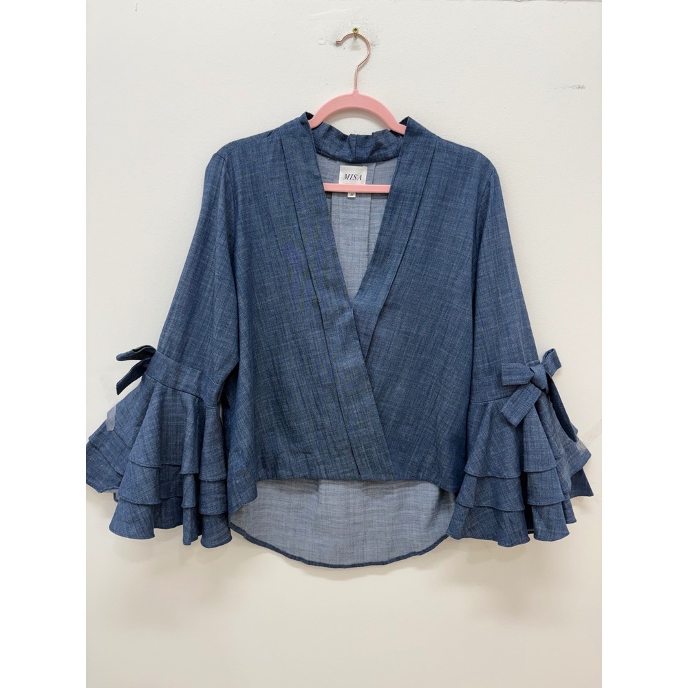 Misa Wrap Blouse Size M Blue Ruffle Bell Sleeve Bow Detail Chambray Style - Picture 3 of 11